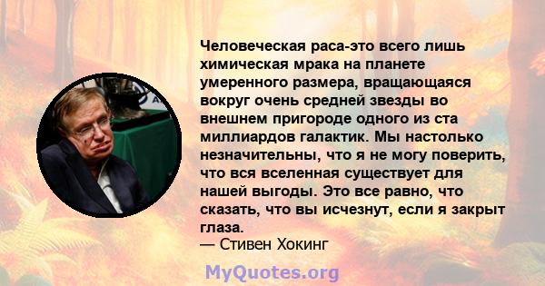 Человеческая раса-это всего лишь химическая мрака на планете умеренного размера, вращающаяся вокруг очень средней звезды во внешнем пригороде одного из ста миллиардов галактик. Мы настолько незначительны, что я не могу