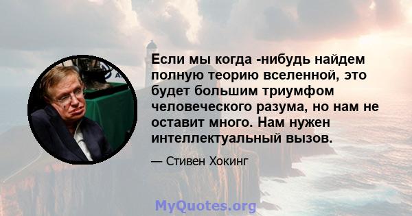 Если мы когда -нибудь найдем полную теорию вселенной, это будет большим триумфом человеческого разума, но нам не оставит много. Нам нужен интеллектуальный вызов.