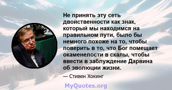 Не принять эту сеть двойственности как знак, который мы находимся на правильном пути, было бы немного похоже на то, чтобы поверить в то, что Бог помещает окаменелости в скалы, чтобы ввести в заблуждение Дарвина об