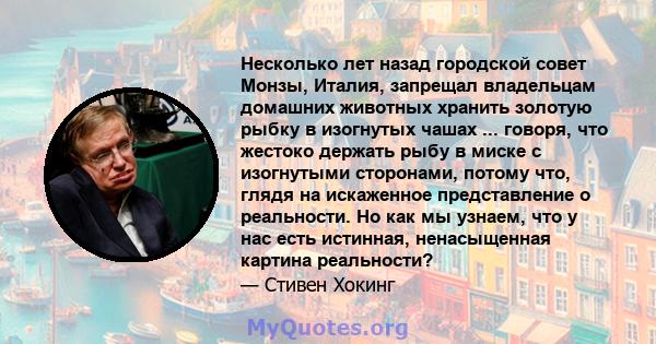 Несколько лет назад городской совет Монзы, Италия, запрещал владельцам домашних животных хранить золотую рыбку в изогнутых чашах ... говоря, что жестоко держать рыбу в миске с изогнутыми сторонами, потому что, глядя на