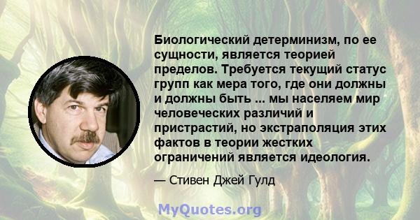 Биологический детерминизм, по ее сущности, является теорией пределов. Требуется текущий статус групп как мера того, где они должны и должны быть ... мы населяем мир человеческих различий и пристрастий, но экстраполяция