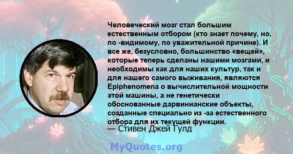 Человеческий мозг стал большим естественным отбором (кто знает почему, но, по -видимому, по уважительной причине). И все же, безусловно, большинство «вещей», которые теперь сделаны нашими мозгами, и необходимы как для