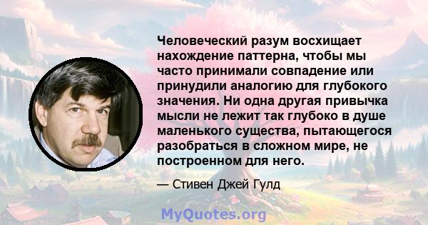 Человеческий разум восхищает нахождение паттерна, чтобы мы часто принимали совпадение или принудили аналогию для глубокого значения. Ни одна другая привычка мысли не лежит так глубоко в душе маленького существа,