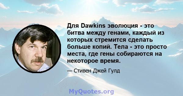 Для Dawkins эволюция - это битва между генами, каждый из которых стремится сделать больше копий. Тела - это просто места, где гены собираются на некоторое время.