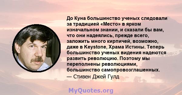 До Куна большинство ученых следовали за традицией «Место» в ярком изначальном знании, и сказали бы вам, что они надеялись, прежде всего, заложить много кирпичей, возможно, даже в Keystone, Храма Истины. Теперь