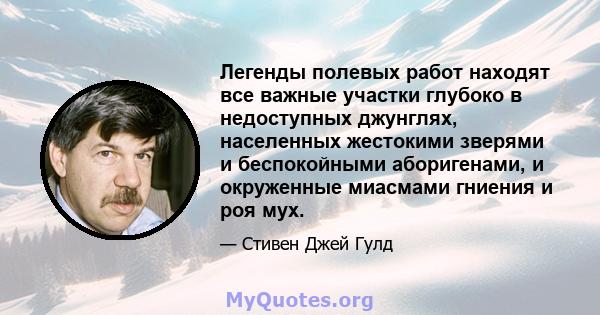 Легенды полевых работ находят все важные участки глубоко в недоступных джунглях, населенных жестокими зверями и беспокойными аборигенами, и окруженные миасмами гниения и роя мух.