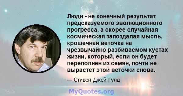 Люди - не конечный результат предсказуемого эволюционного прогресса, а скорее случайная космическая запоздалая мысль, крошечная веточка на чрезвычайно разбиваемом кустах жизни, который, если он будет переполнен из