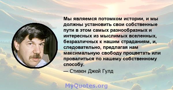 Мы являемся потомком истории, и мы должны установить свои собственные пути в этом самых разнообразных и интересных из мыслимых вселенных, безразличных к нашим страданиям, и, следовательно, предлагая нам максимальную