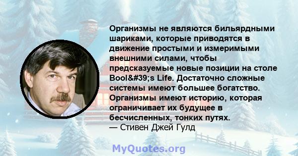 Организмы не являются бильярдными шариками, которые приводятся в движение простыми и измеримыми внешними силами, чтобы предсказуемые новые позиции на столе Bool's Life. Достаточно сложные системы имеют большее