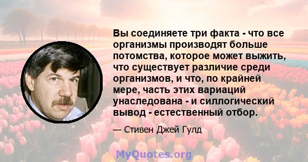 Вы соединяете три факта - что все организмы производят больше потомства, которое может выжить, что существует различие среди организмов, и что, по крайней мере, часть этих вариаций унаследована - и силлогический вывод - 