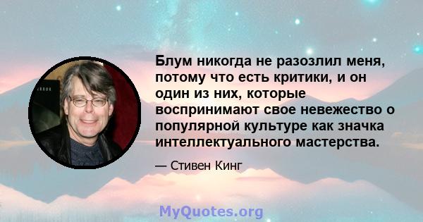 Блум никогда не разозлил меня, потому что есть критики, и он один из них, которые воспринимают свое невежество о популярной культуре как значка интеллектуального мастерства.