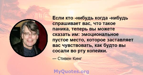 Если кто -нибудь когда -нибудь спрашивает вас, что такое паника, теперь вы можете сказать им: эмоциональное пустое место, которое заставляет вас чувствовать, как будто вы сосали во рту копейки.