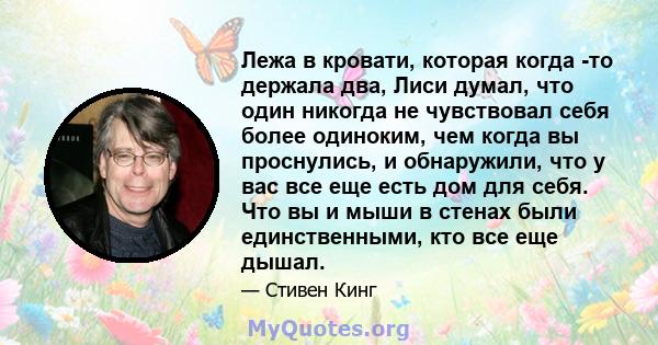 Лежа в кровати, которая когда -то держала два, Лиси думал, что один никогда не чувствовал себя более одиноким, чем когда вы проснулись, и обнаружили, что у вас все еще есть дом для себя. Что вы и мыши в стенах были