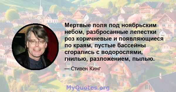 Мертвые поля под ноябрьским небом, разбросанные лепестки роз коричневые и появляющиеся по краям, пустые бассейны сгорались с водорослями, гнилью, разложением, пылью.