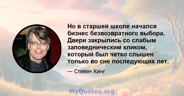 Но в старшей школе начался бизнес безвозвратного выбора. Двери закрылись со слабым заповедническим кликом, который был четко слышен только во сне последующих лет.