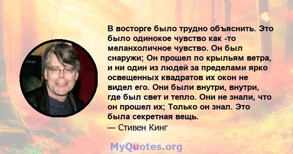 В восторге было трудно объяснить. Это было одинокое чувство как -то меланхоличное чувство. Он был снаружи; Он прошел по крыльям ветра, и ни один из людей за пределами ярко освещенных квадратов их окон не видел его. Они