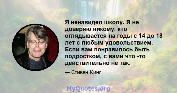 Я ненавидел школу. Я не доверяю никому, кто оглядывается на годы с 14 до 18 лет с любым удовольствием. Если вам понравилось быть подростком, с вами что -то действительно не так.