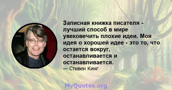 Записная книжка писателя - лучший способ в мире увековечить плохие идеи. Моя идея о хорошей идее - это то, что остается вокруг, останавливается и останавливается.