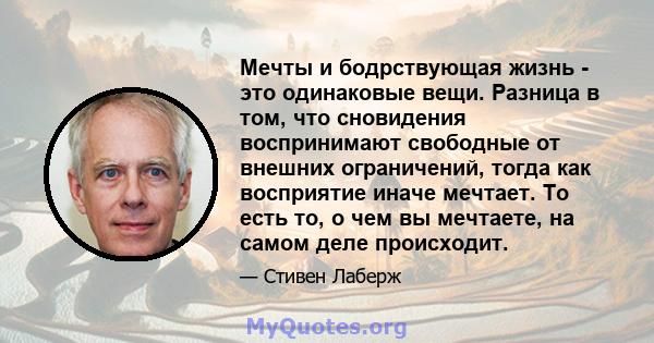 Мечты и бодрствующая жизнь - это одинаковые вещи. Разница в том, что сновидения воспринимают свободные от внешних ограничений, тогда как восприятие иначе мечтает. То есть то, о чем вы мечтаете, на самом деле происходит.