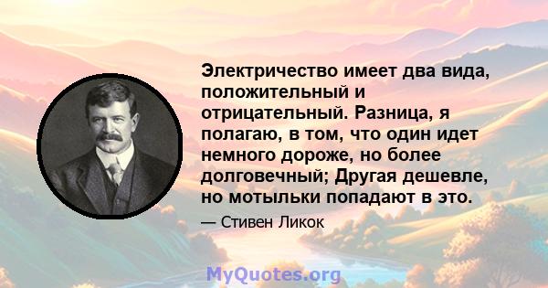 Электричество имеет два вида, положительный и отрицательный. Разница, я полагаю, в том, что один идет немного дороже, но более долговечный; Другая дешевле, но мотыльки попадают в это.