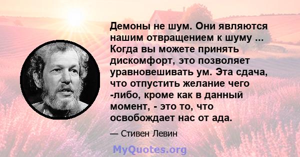 Демоны не шум. Они являются нашим отвращением к шуму ... Когда вы можете принять дискомфорт, это позволяет уравновешивать ум. Эта сдача, что отпустить желание чего -либо, кроме как в данный момент, - это то, что