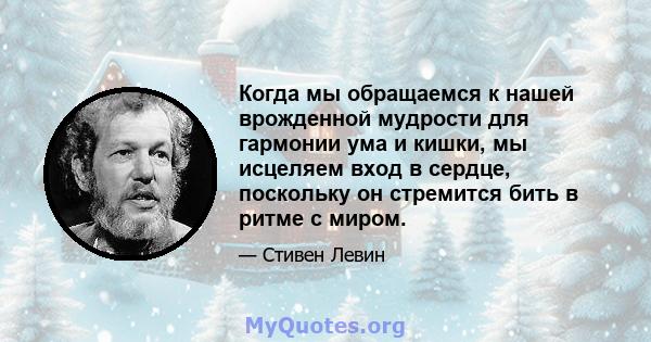 Когда мы обращаемся к нашей врожденной мудрости для гармонии ума и кишки, мы исцеляем вход в сердце, поскольку он стремится бить в ритме с миром.