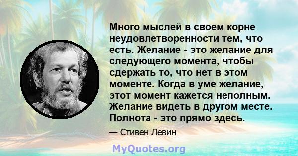 Много мыслей в своем корне неудовлетворенности тем, что есть. Желание - это желание для следующего момента, чтобы сдержать то, что нет в этом моменте. Когда в уме желание, этот момент кажется неполным. Желание видеть в