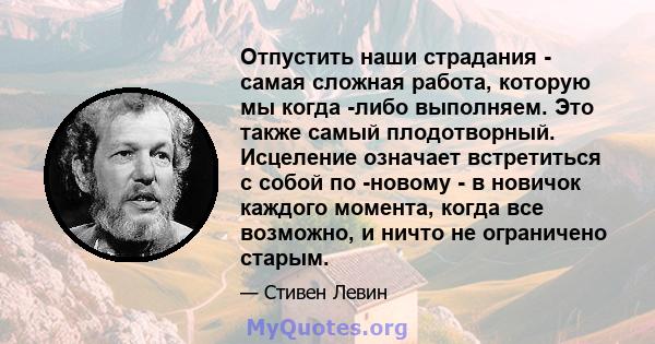 Отпустить наши страдания - самая сложная работа, которую мы когда -либо выполняем. Это также самый плодотворный. Исцеление означает встретиться с собой по -новому - в новичок каждого момента, когда все возможно, и ничто 