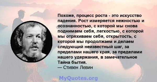 Похоже, процесс роста - это искусство падения. Рост измеряется нежностью и осознанностью, с которой мы снова поднимаем себя, легкостью, с которой мы отряхиваем себя, открытость, с которой мы продолжаем и делаем