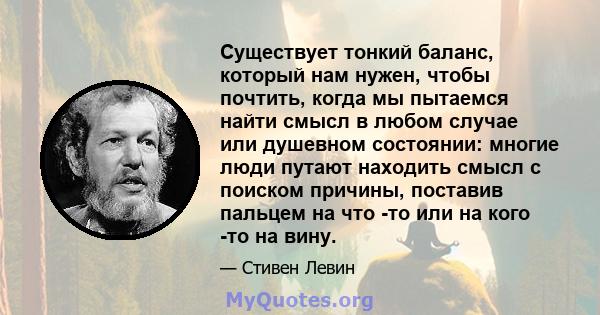 Существует тонкий баланс, который нам нужен, чтобы почтить, когда мы пытаемся найти смысл в любом случае или душевном состоянии: многие люди путают находить смысл с поиском причины, поставив пальцем на что -то или на