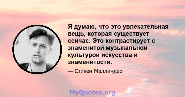 Я думаю, что это увлекательная вещь, которая существует сейчас. Это контрастирует с знаменитой музыкальной культурой искусства и знаменитости.