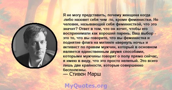 Я не могу представить, почему женщина когда -либо назовет себя чем -то, кроме феминистки. Но человек, называющий себя феминисткой, что это значит? Ответ в том, что он хочет, чтобы его воспринимали как хороший парень.