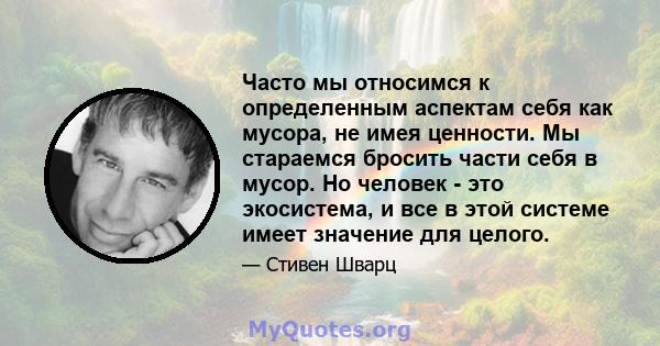 Часто мы относимся к определенным аспектам себя как мусора, не имея ценности. Мы стараемся бросить части себя в мусор. Но человек - это экосистема, и все в этой системе имеет значение для целого.