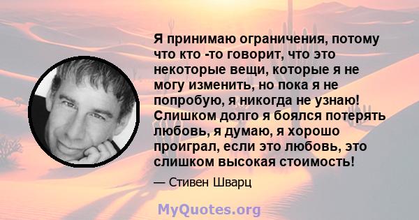 Я принимаю ограничения, потому что кто -то говорит, что это некоторые вещи, которые я не могу изменить, но пока я не попробую, я никогда не узнаю! Слишком долго я боялся потерять любовь, я думаю, я хорошо проиграл, если 