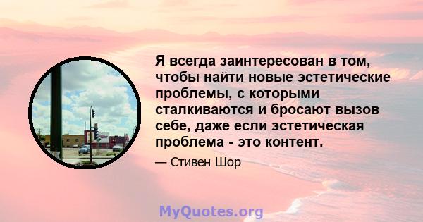 Я всегда заинтересован в том, чтобы найти новые эстетические проблемы, с которыми сталкиваются и бросают вызов себе, даже если эстетическая проблема - это контент.