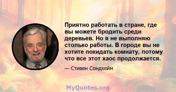 Приятно работать в стране, где вы можете бродить среди деревьев. Но я не выполняю столько работы. В городе вы не хотите покидать комнату, потому что все этот хаос продолжается.