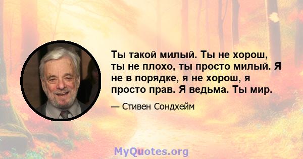 Ты такой милый. Ты не хорош, ты не плохо, ты просто милый. Я не в порядке, я не хорош, я просто прав. Я ведьма. Ты мир.