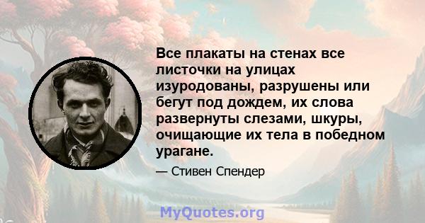 Все плакаты на стенах все листочки на улицах изуродованы, разрушены или бегут под дождем, их слова развернуты слезами, шкуры, очищающие их тела в победном урагане.