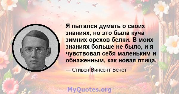 Я пытался думать о своих знаниях, но это была куча зимних орехов белки. В моих знаниях больше не было, и я чувствовал себя маленьким и обнаженным, как новая птица.