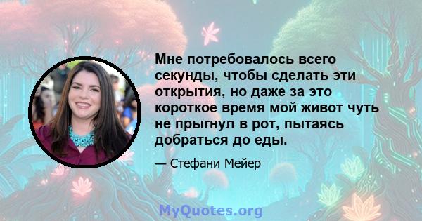 Мне потребовалось всего секунды, чтобы сделать эти открытия, но даже за это короткое время мой живот чуть не прыгнул в рот, пытаясь добраться до еды.