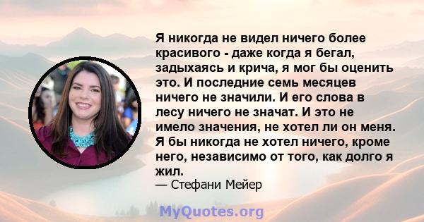 Я никогда не видел ничего более красивого - даже когда я бегал, задыхаясь и крича, я мог бы оценить это. И последние семь месяцев ничего не значили. И его слова в лесу ничего не значат. И это не имело значения, не хотел 