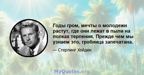 Годы гром, мечты о молодежи растут, где они лежат в пыли на полках терпения. Прежде чем мы узнаем это, гробница запечатана.