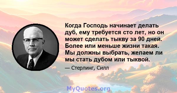 Когда Господь начинает делать дуб, ему требуется сто лет, но он может сделать тыкву за 90 дней. Более или меньше жизни такая. Мы должны выбрать, желаем ли мы стать дубом или тыквой.