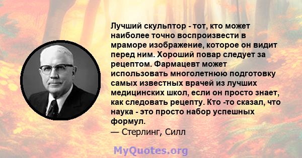 Лучший скульптор - тот, кто может наиболее точно воспроизвести в мраморе изображение, которое он видит перед ним. Хороший повар следует за рецептом. Фармацевт может использовать многолетнюю подготовку самых известных