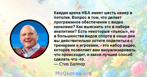 Каждая арена НБА имеет шесть камер в потолке. Вопрос в том, что делает программное обеспечение с видео каналами? Как выяснить это в наборе аналитики? Есть некоторые «пьесы», но в большинстве видов спорта в наши дни вы