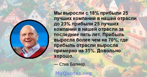 Мы выросли с 18% прибыли 25 лучших компаний в нашей отрасли до 23% прибыли 25 лучших компаний в нашей отрасли за последние пять лет. Прибыль выросла более чем на 70%, где прибыль отрасли выросла примерно на 35%.