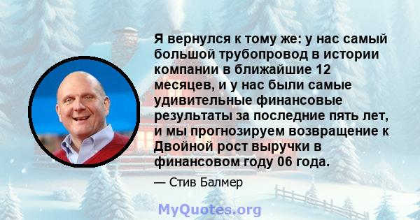 Я вернулся к тому же: у нас самый большой трубопровод в истории компании в ближайшие 12 месяцев, и у нас были самые удивительные финансовые результаты за последние пять лет, и мы прогнозируем возвращение к Двойной рост