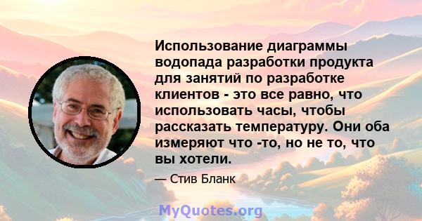 Использование диаграммы водопада разработки продукта для занятий по разработке клиентов - это все равно, что использовать часы, чтобы рассказать температуру. Они оба измеряют что -то, но не то, что вы хотели.