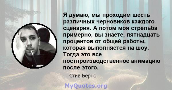 Я думаю, мы проходим шесть различных черновиков каждого сценария. А потом моя стрельба примерно, вы знаете, пятнадцать процентов от общей работы, которая выполняется на шоу. Тогда это все постпроизводственное анимацию