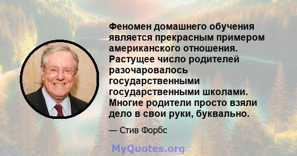 Феномен домашнего обучения является прекрасным примером американского отношения. Растущее число родителей разочаровалось государственными государственными школами. Многие родители просто взяли дело в свои руки,